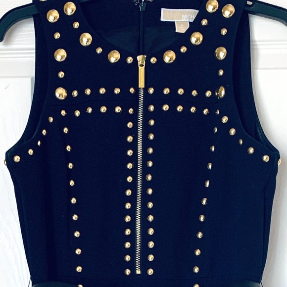 MICHAEL KORS Navy Zip Front Sleeveless Gold Studded Dress - Picture 4 of 7
